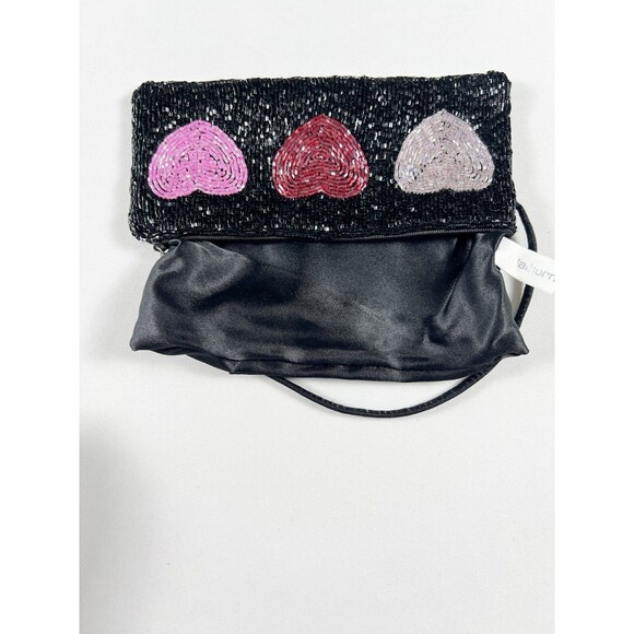 Liz Claiborne Beaded Wristlet Satin Y2K Hearts Black Goth Glam Kidcore Going Out - Picture 11 of 12
